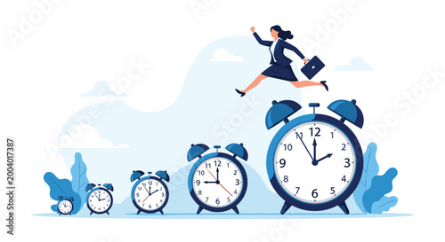 Dynamic woman jumping over a series of alarm clocks that grow larger in size, symbolizing time management and overcoming deadlines.