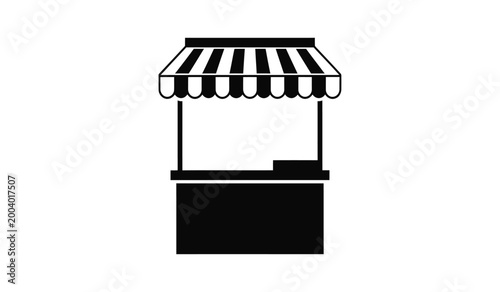 A minimalist black and white illustration depicts a simple market stall with a striped awning creating a stark silhouette high quality professional detailed modern