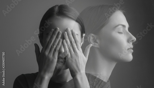 Inner Conflict: A monochrome portrait reveals the struggle of the self, with one face veiled in secrecy, and another in serene contemplation. A visual metaphor for the mind's duality.