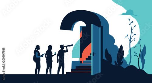 Silhouette figures exploring solutions as they approach a giant question mark containing a hidden staircase and a doorway to new possibilities.