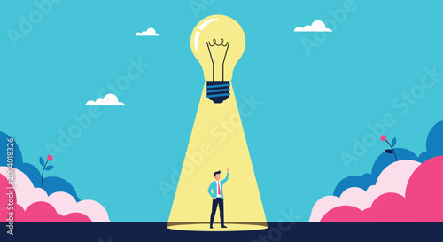 Professional man standing in a bright yellow spotlight beam cast from a giant lightbulb in a blue sky symbolizing talent and great ideas.
