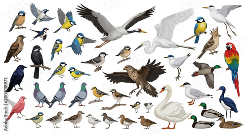 Realistic bird species collection vector, diverse wild birds set with eagle swan and parrot, ornithology illustration for educational design
