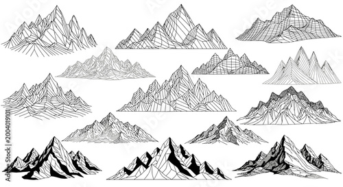 Konstfotografi Various mountain ranges in different line art styles and shading techniques on w