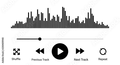 Minimalist audio player interface vector, digital music waveform with playback controls, black sound wave visualization on white background