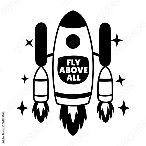 A glyph sticker of a spacecraft with fly above all typography 
