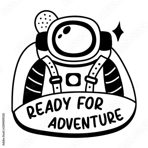 A glyph sticker of space astronaut with ready for adventure typography 
