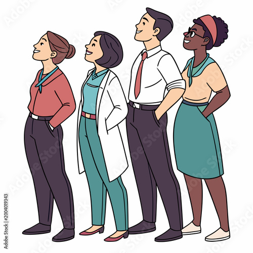 Diverse group of people standing in a line looking up