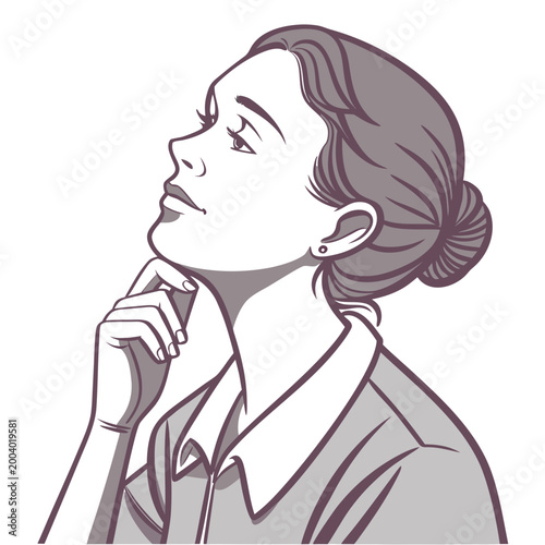 Thinking woman with hand on chin looking up