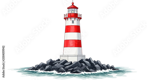 Nautical red and white striped lighthouse vector, coastal beacon tower on rocky island, maritime navigation building illustration for travel design