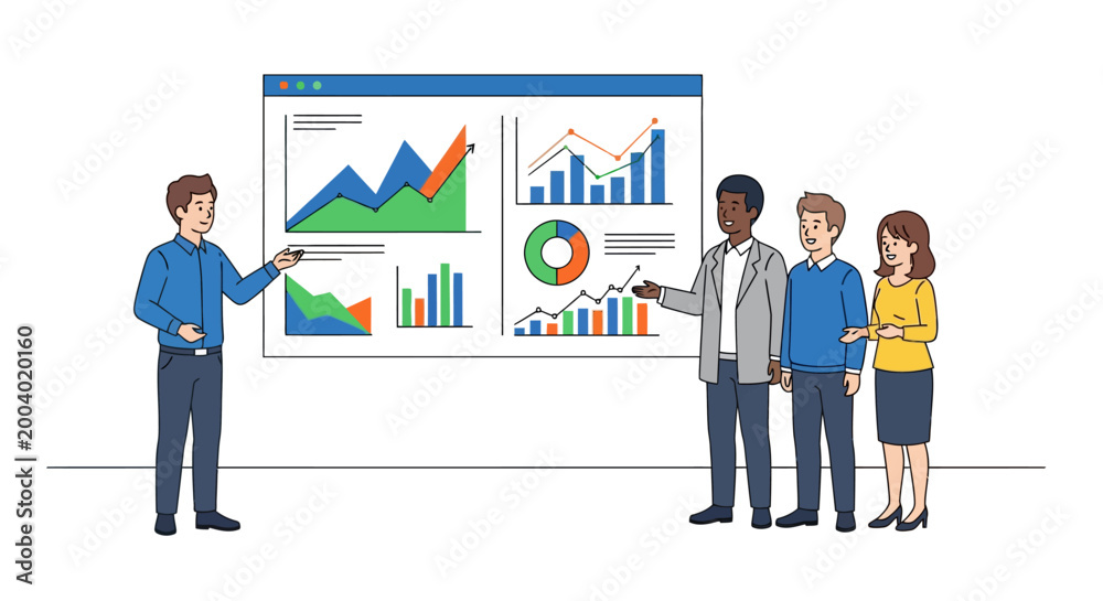 Fototapeta premium Young Professional Presenting Data Infographic on Digital Wall to Happy Colleagues in Minimalist Office Setting