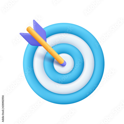Blue and white target with arrow hitting the bullseye. Business finance target, goal of success, target achievement, precision and successful strategy. 3d vector icon. Cartoon minimal style.