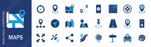 Maps icon set. Containing maps, location, GPS, navigation, city map, atlas, route, direction, pin, and more.