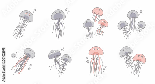 Colorful jellyfish in various poses.