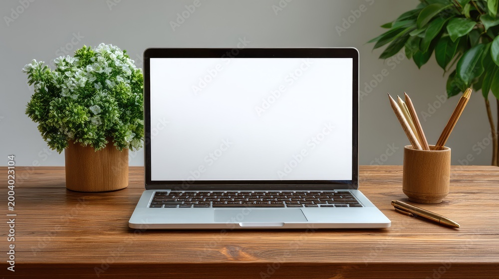 Fototapeta premium Modern workspace with laptop, green plant, wooden desk, stationery holder, and unobtrusive background for remote work, home office, and productivity themes