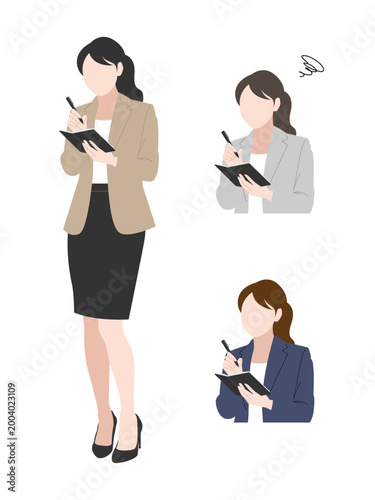仕事中にメモを取る女性のイラスト素材 OL ビジネスパーソン スーツ 