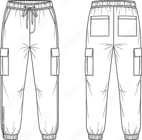 Men Women Cargo Jogger Pants Vector Technical Sketch Fashion Flat Template Design with Elastic Waistband Drawstring Pockets Front and Back View.