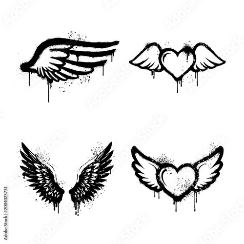 Street Art Graffiti Style Angel Wings and Hearts Stencil Vector Collection