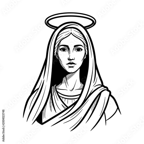 Virgin Mary with Halo, Religious Iconography, Christian Art, Sacred Figure, Black and White Drawing