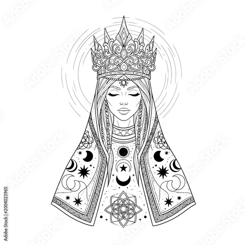 Mystical Woman with Crown and Celestial Symbols