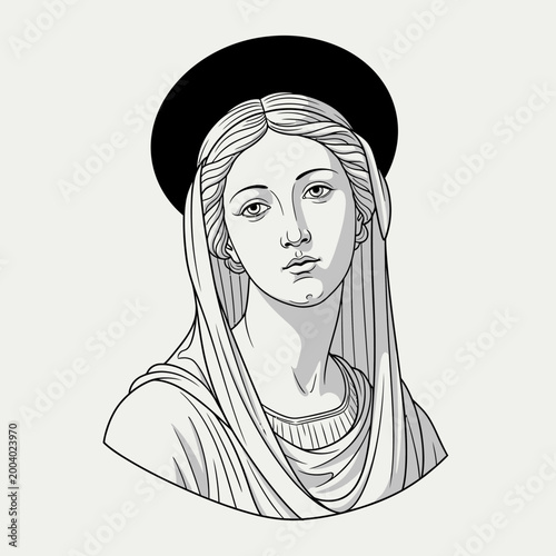 Virgin Mary Sculpture Portrait with Black Halo, Classical Religious Art