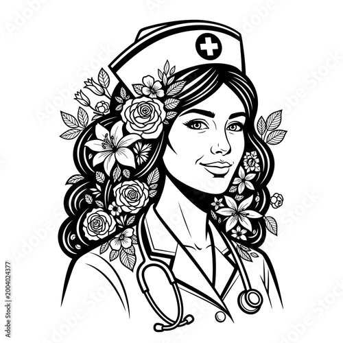 Beautiful Nurse with Flowers and Stethoscope, Healthcare Professional Portrait