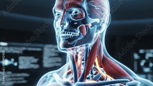 A detailed illustration of the human body skeletal structure, muscles and internal organs, displayed in a futuristic, digital environment