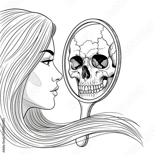 Woman Sees Skull Reflection in Mirror, Mortality, Vanity, Beauty, Death Concept