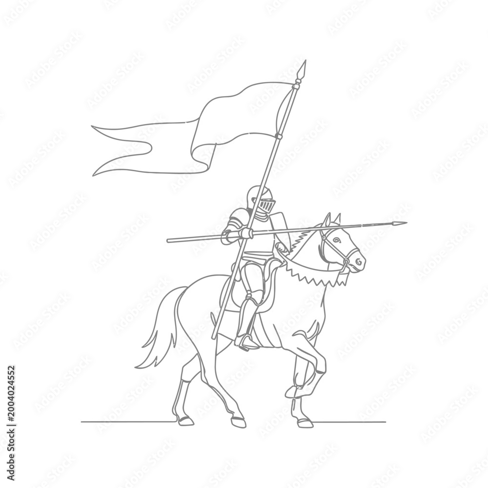 Fototapeta premium Knight in Armor on Horseback with Banner and Lance, Medieval Warrior