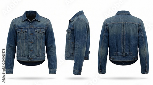 Blue denim jacket mockup showing front side and back views isolated on white background