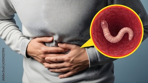 Human intestinal parasite infection concept, Patient suffering from digestive parasite infestation