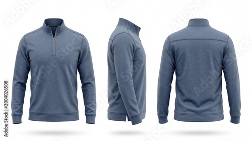 Men blue heathered quarter zip pullover sweatshirt mockup showing front side and back views isolated on white background