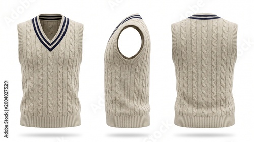 Three views of a beige cable knit V neck sweater vest showing front side and back isolated on white background