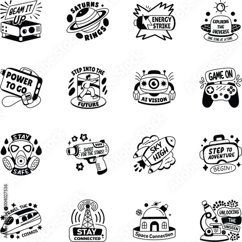 Set of Glyph Style Sci Fi Stickers 
