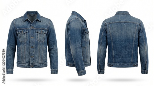 Blue denim jacket in front side and back views isolated on white background