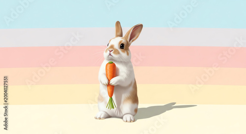 Rabbit holding carrot on pastel background