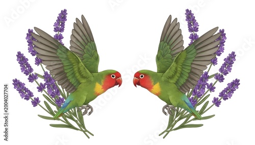 Two Lovebirds Among Lavender Blooms: A symmetrical composition featuring two vibrant green lovebirds with red and yellow faces in mid-flight, framed by delicate stalks of purple lavender.