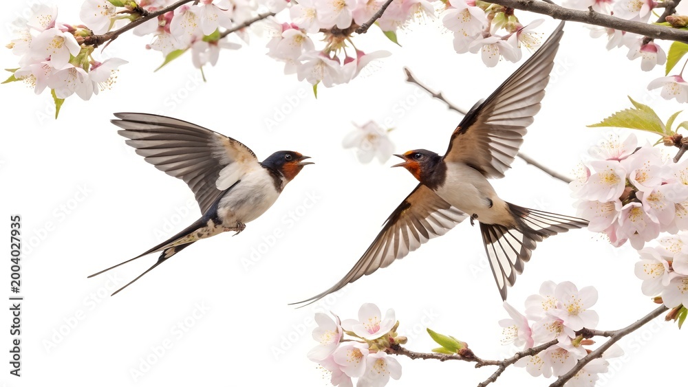 Fototapeta premium Swallows Amidst Cherry Blossoms: Two agile swallows in mid-flight, their wings spread wide, soar gracefully between delicate branches adorned with pale pink cherry blossoms.