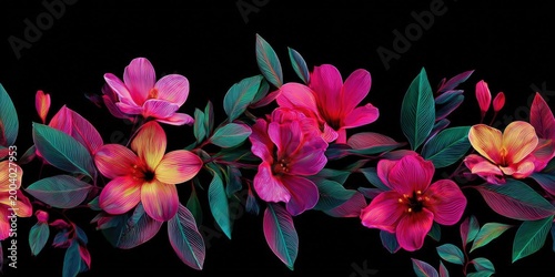 Vibrant Neon Floral Design with Tropical Black Background
