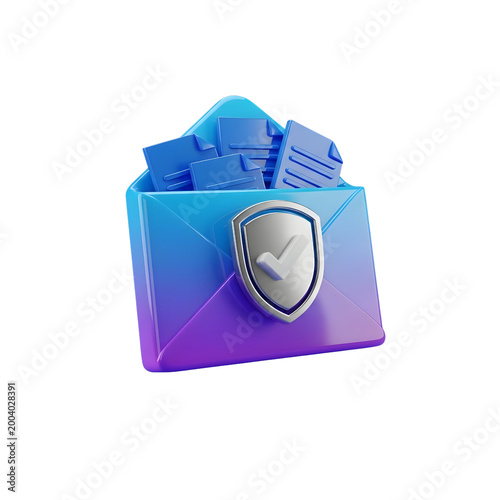 Secure Email Concept: 3D Blue and Purple Envelope with Shield and Verified Checkmark