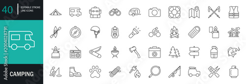 Camping icon set. Outdoor activities related line icons: camp, tent, fishing, forest, campfire, hiking, biking, adventure, and more. Editable stroke. Vector illustration.