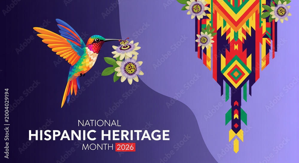 Fototapeta premium Vibrant hummingbird with rainbow plumage collecting nectar from a passionflower against a purple backdrop with ethnic geometric patterns, symbolizing heritage celebration