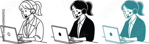 Professional customer service representative wearing headset using laptop for work tasks.