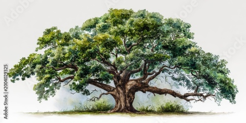 Watercolor Illustration of Majestic Oak Tree with Lush Foliage and Sprawling Branches