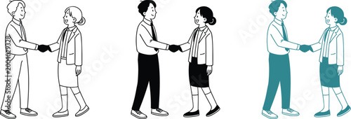 Professional man and woman shaking hands after agreement in three different vector styles.