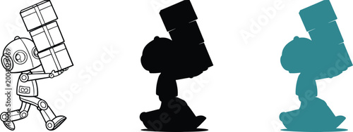 Robot carrying stack of boxes, delivery and logistics concept, black white and color.