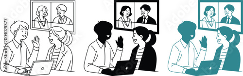 People having video conference meeting on laptop screen in three different vector styles.