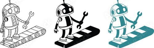 Robot with wrench on conveyor belt, automation and manufacturing, black white and color.