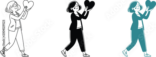 Woman holding heart shape illustration set for love and charity concepts and designs.