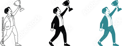 Successful business man lifting golden trophy cup in three different vector design styles.