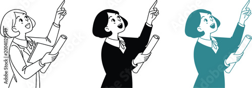 Woman pointing up holding document with excited expression suggesting idea.